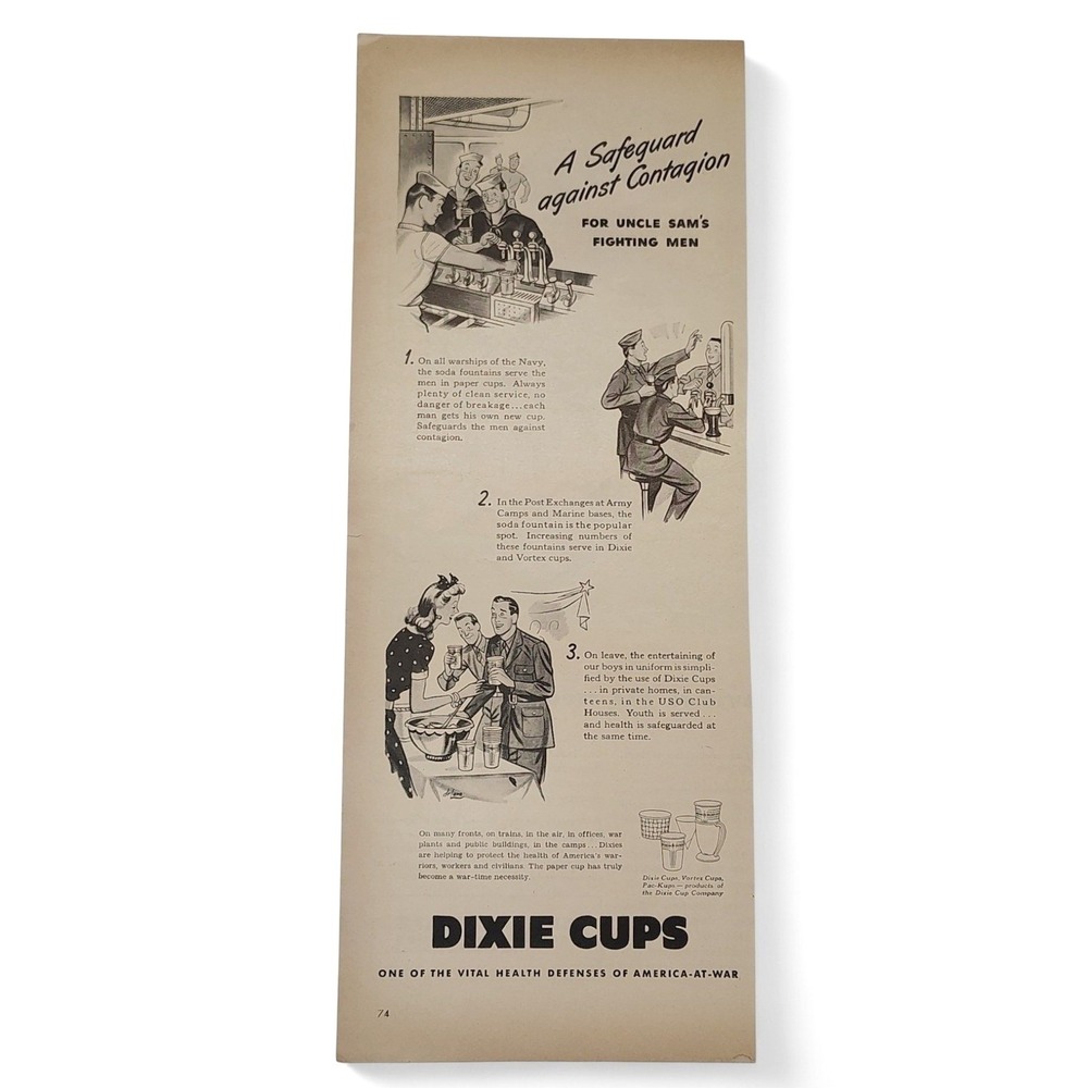 1943 Dixie Cups Print Ad Wartime Military Hygiene For Uncle Sam's Fighting Men